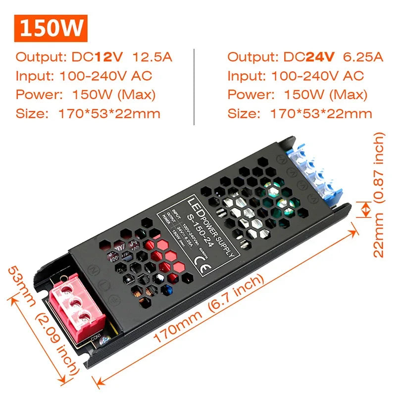 Ultra Thin Driver For LED Strips Constant Voltage Power Supply DC 12V / 24V Lighting Transformers 60W 100W 150W 200W 300W 400W