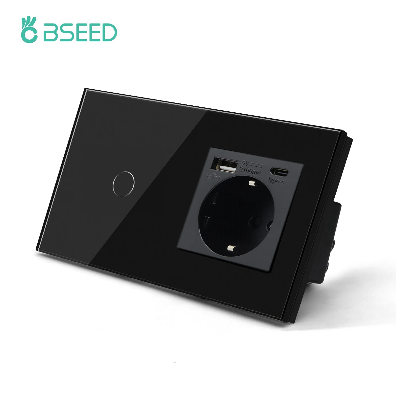 BSEED Single EU Glass Socket With USB Wall Sockets Double Electric Sockets Triple Power Outlets USB Type-C Ports Black 16A by MVEnergo