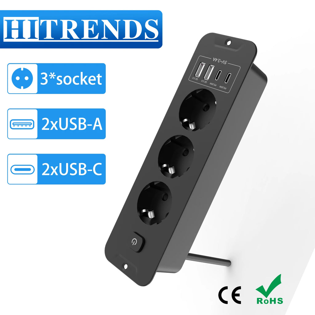 EU Built in Power Strip Desktop Recessed Socket with 2 USB 2 Type C Fast charge, Multi-Contact Outlet with 2M Extension Cable by MVEnergo