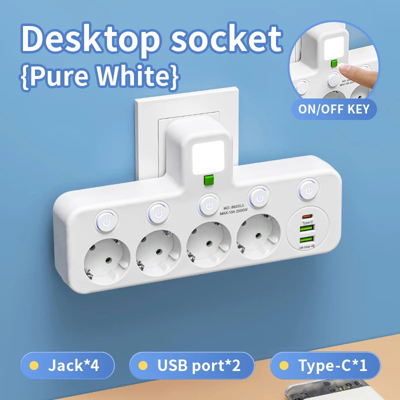 EU plug and socket 4 sockets, multi plug wall power plug and socket without extension cable or USB and Type-C port by MVEnergo