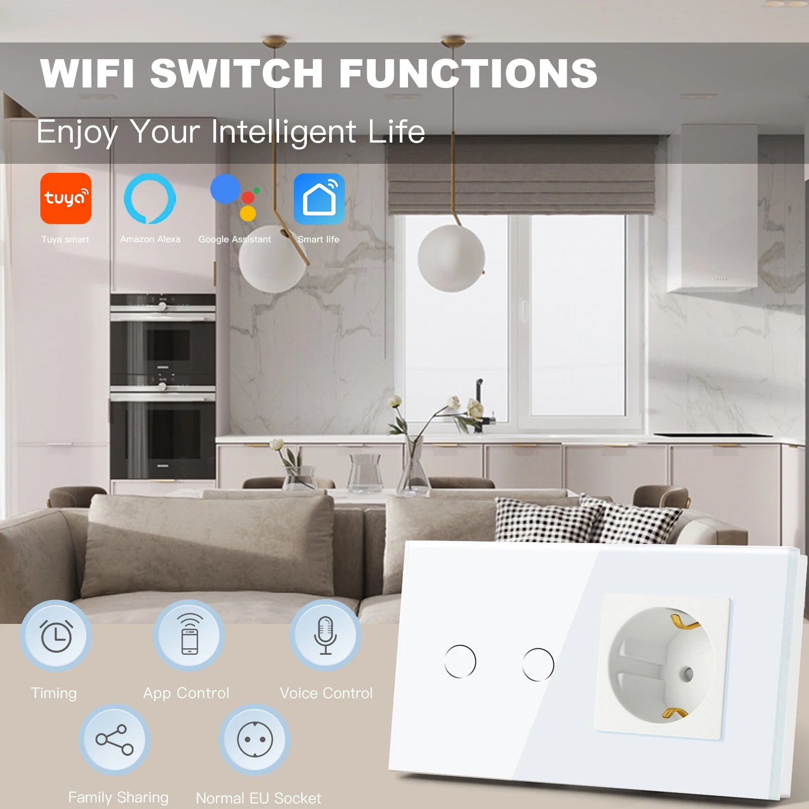 BSEED Wifi 1/2/3Gang Smart Touch Switches 1/2/3Way Wall Light Switches Tuya Smart Life App Control Plus Sockets EU Standard by MVEnergo