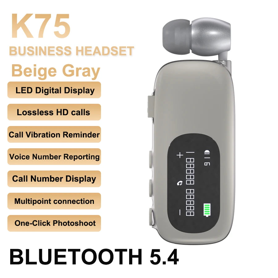 K75 Lavalier Business Headset Bluetooth 5.4 Bass Earphone HD Call Vibration Reminder+Voice Number Reporting Wireless Headphone by MVEnergo