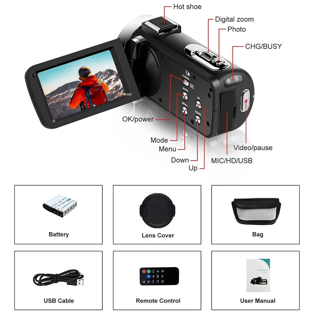 4K Portable Digital photography Camera 2 in1 Photo Video Record DV Travel Video Camera 18X Zoom 3'' Rotatable Screen With Flash by MVEnergo
