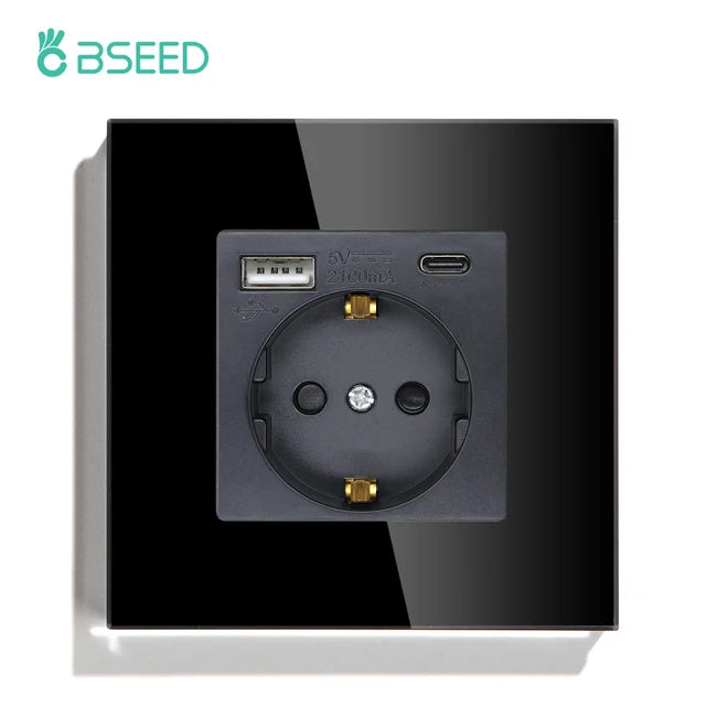 BSEED Single EU Glass Socket With USB Wall Sockets Double Electric Sockets Triple Power Outlets USB Type-C Ports Black 16A by MVEnergo
