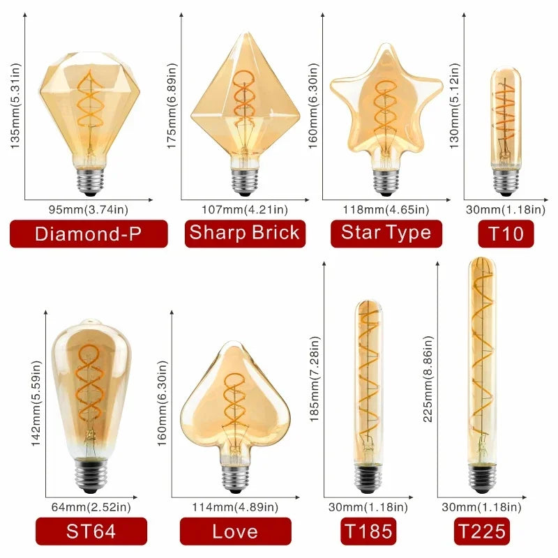 E14 E27 Retro LED Spiral Filament Light Bulb 4W Warm Yellow 220V C35 A60 T45 ST64 T185 T225 G80 G95 G125 Vintage Edison Lamp by MVEnergo