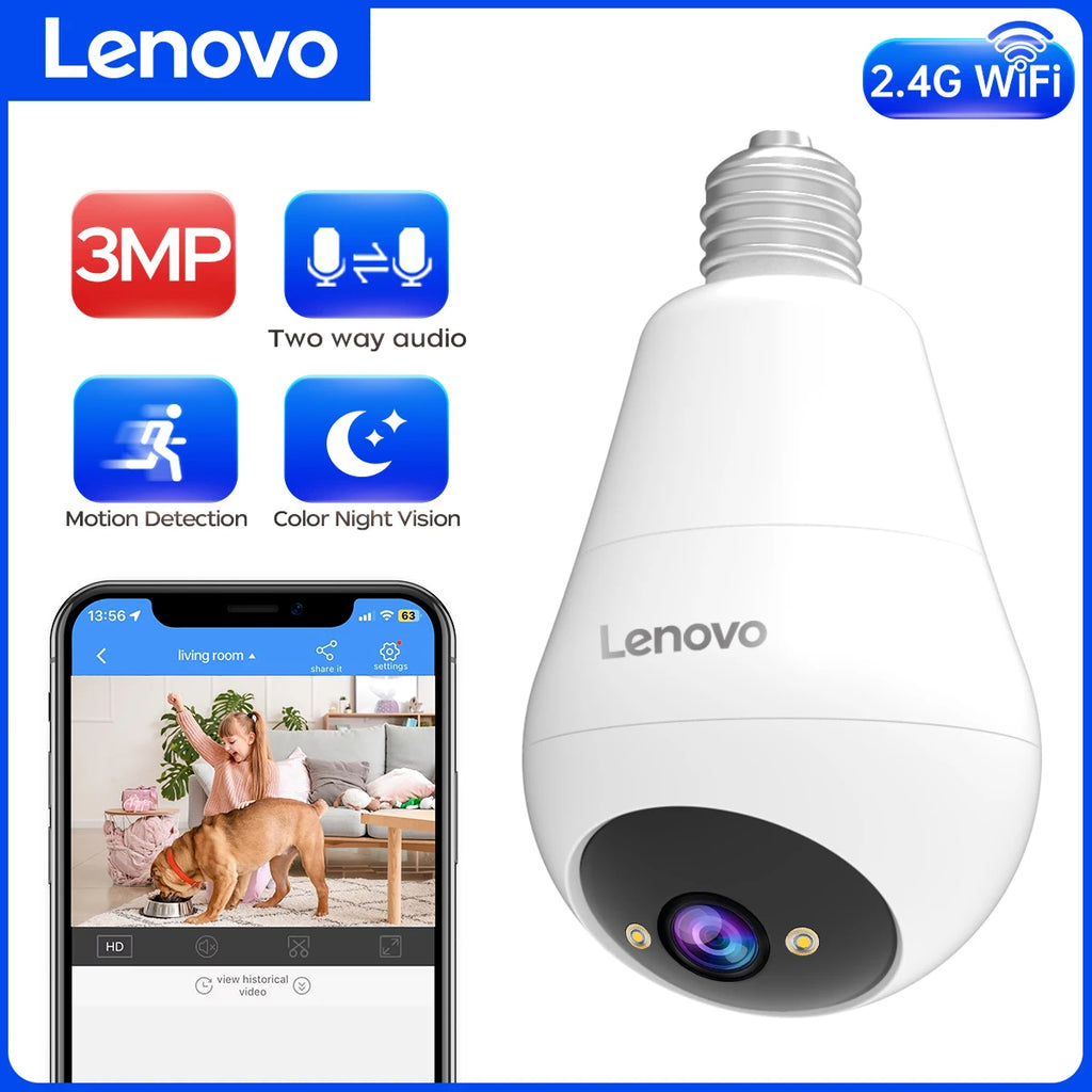 Lenovo 3MP WIFI E27 Bulb Security Camera Full Color Night Vision Two-Way Voice Intercom Smart Home Wireless Camera by MVEnergo