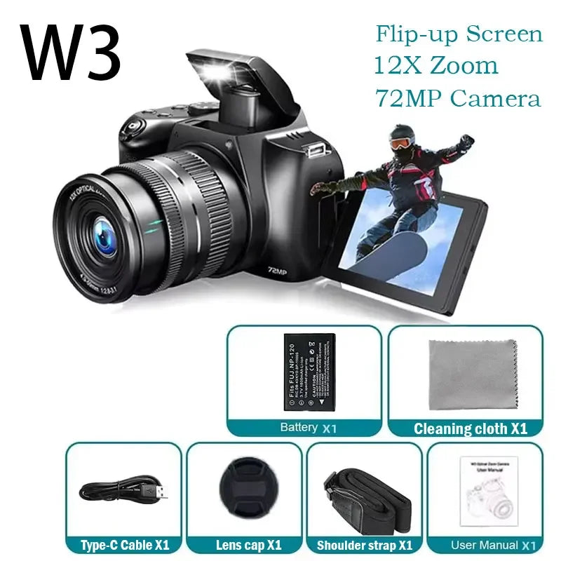 4K DSLR Digital Camera 3-Inch 72MP Photography Camera with 12X Optical Zoom 180° Flip Screen Autofocus for Ins YouTube Webcast by MVEnergo