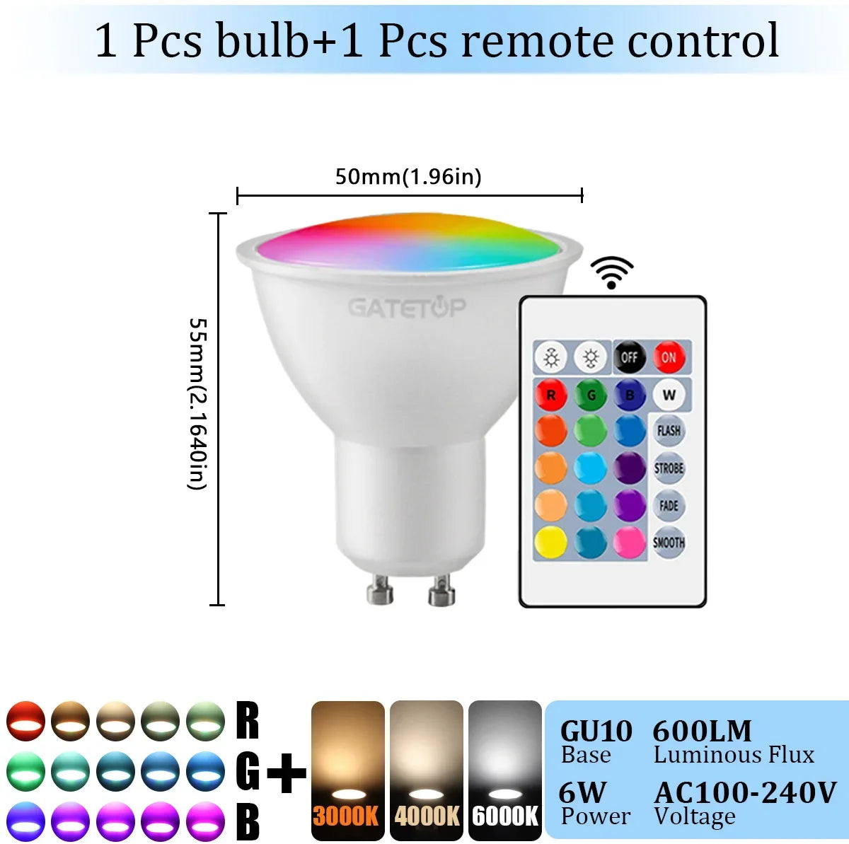 1-10PCS RGB GU10 LED Spotlight Bulb 24 Key Remote Control Dimmable 6W AC220V 110V Colorful Change for Bedroom Living Room Lamp by MVEnergo