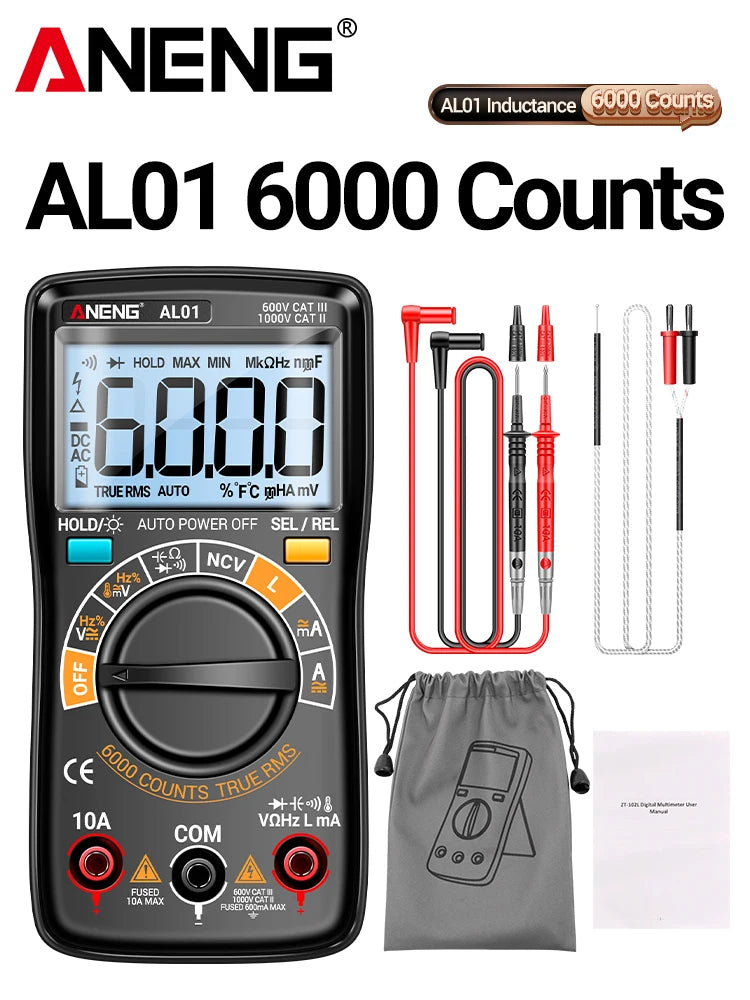 Coil Inductance Multimeter Duty Cycle Hz Tester ANENG AL01 6000 Counts NCV Temperature Meter True-RMS Voltage Pro Tester Tools by MVEnergo